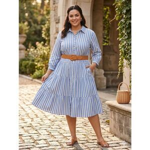 Eliza J Plus Size 22W Blue Yellow Striped 100% Cotton Tiered Shirt Dress - Coast